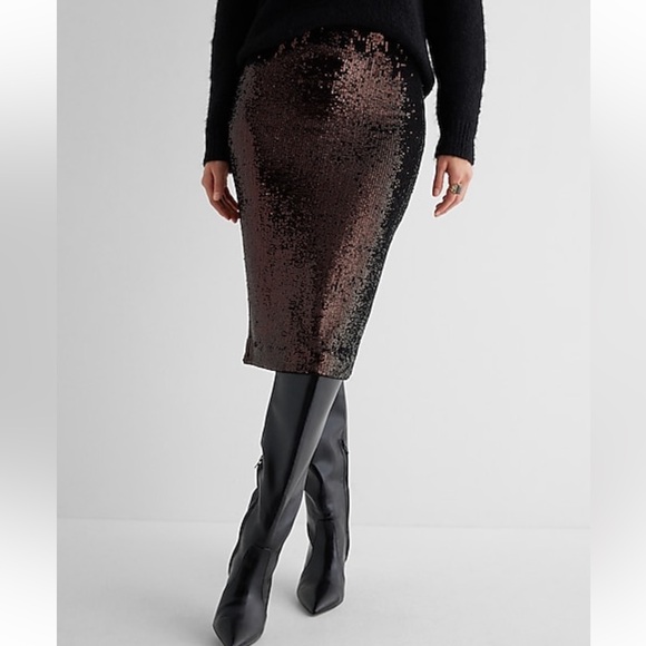NWT Express XL High Waisted Bronze Midi Sequins Pencil Skirt - Picture 3 of 5